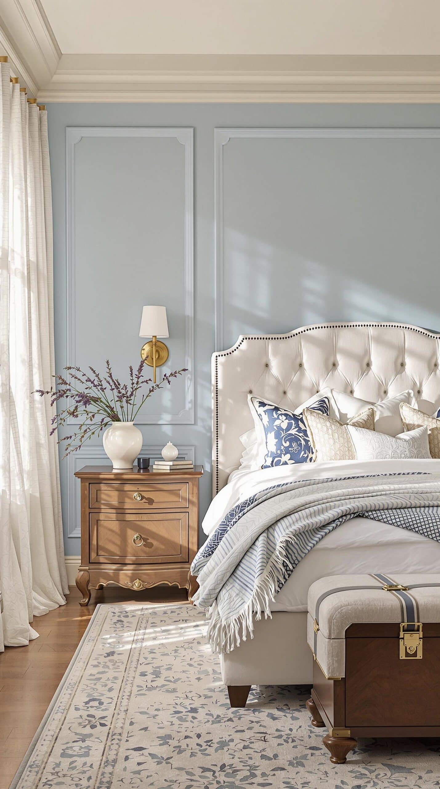 a bedroom with blue walls and a white bed