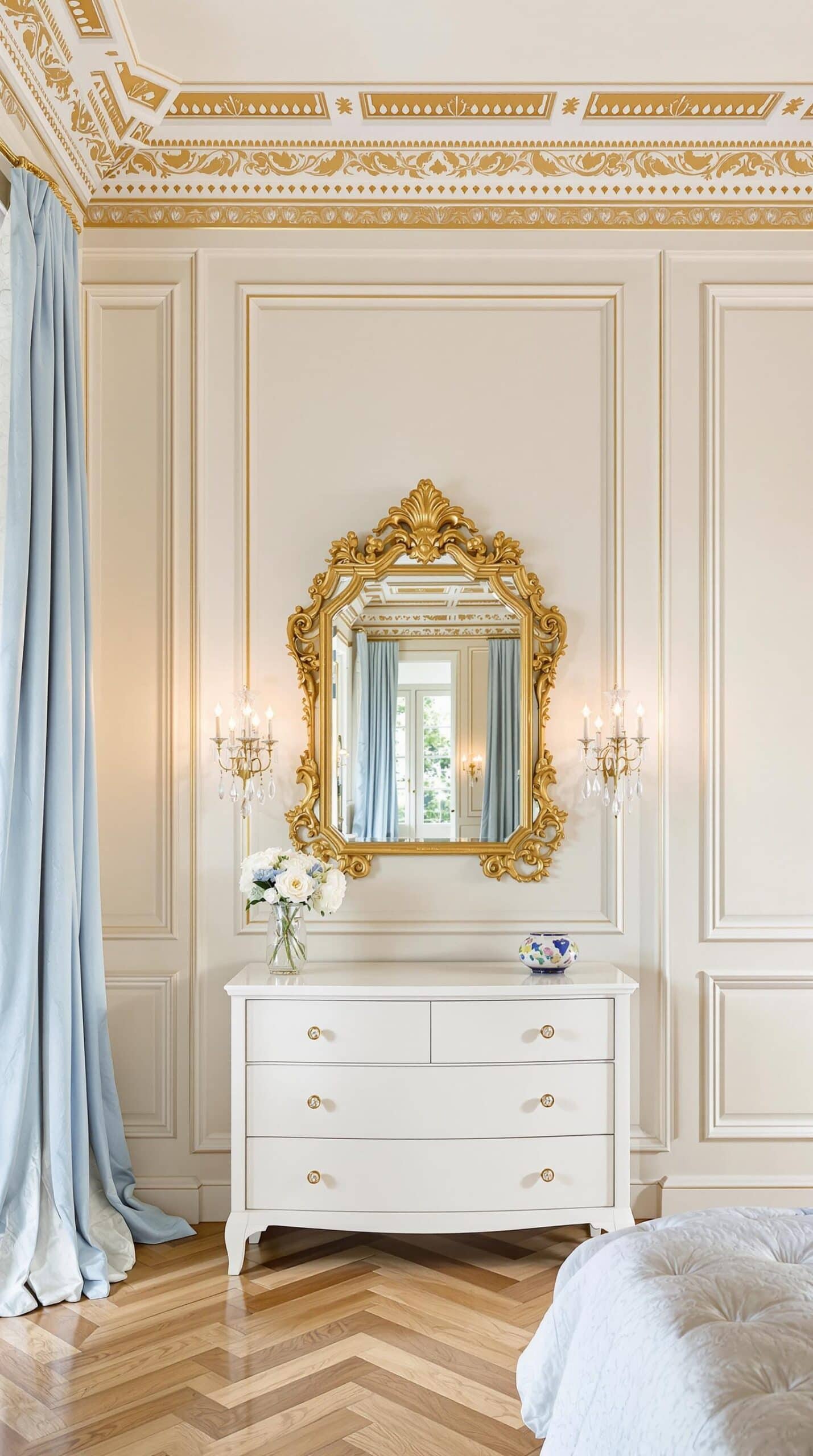 a bedroom with a bed, dresser and a mirror