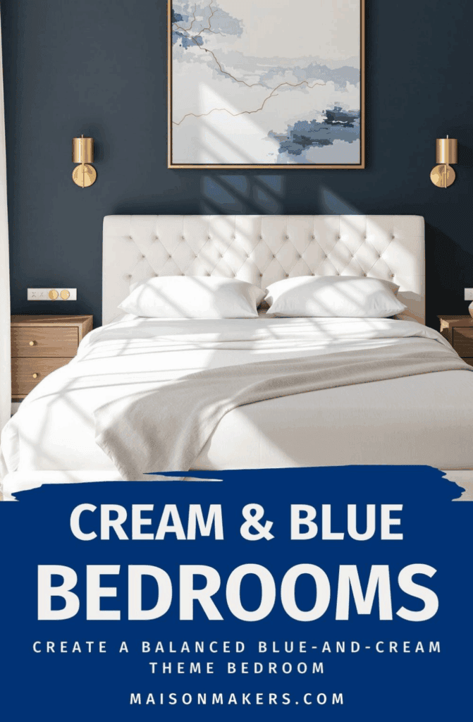 a bedroom with blue walls and a white bed