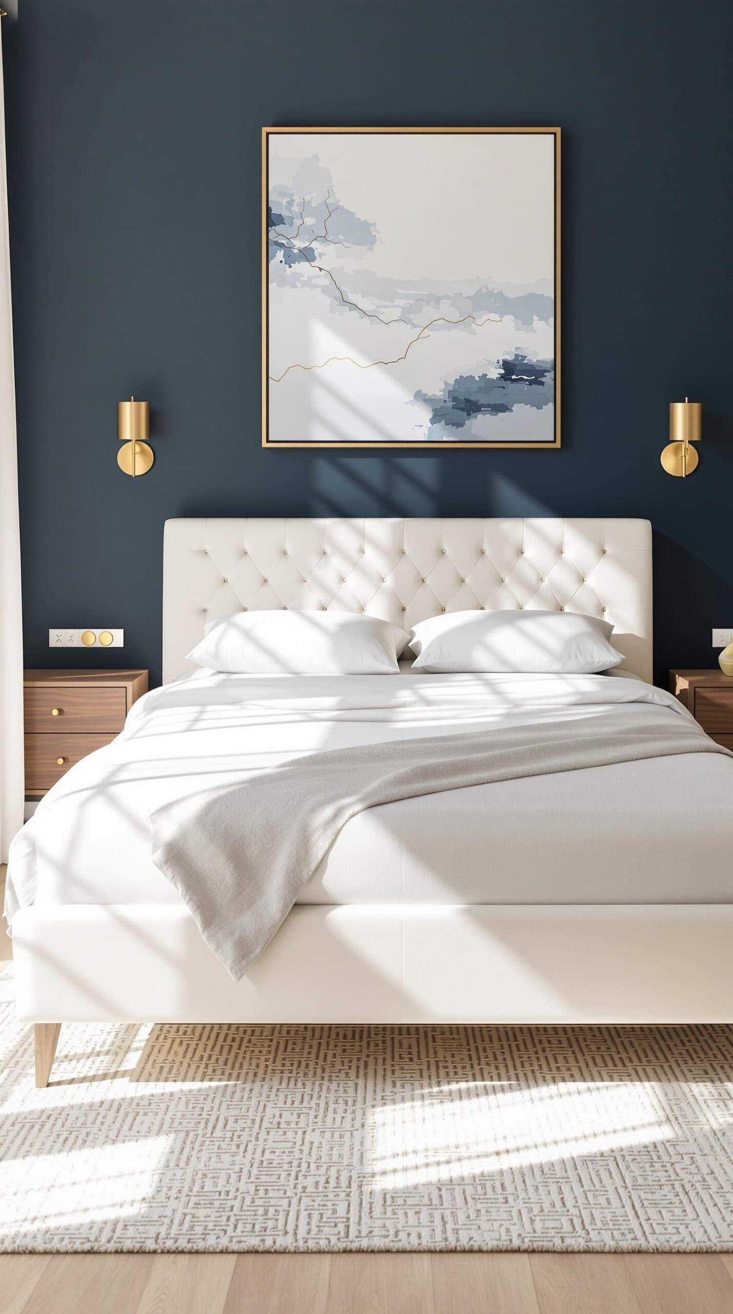 a bedroom with a large bed and a painting on the wall