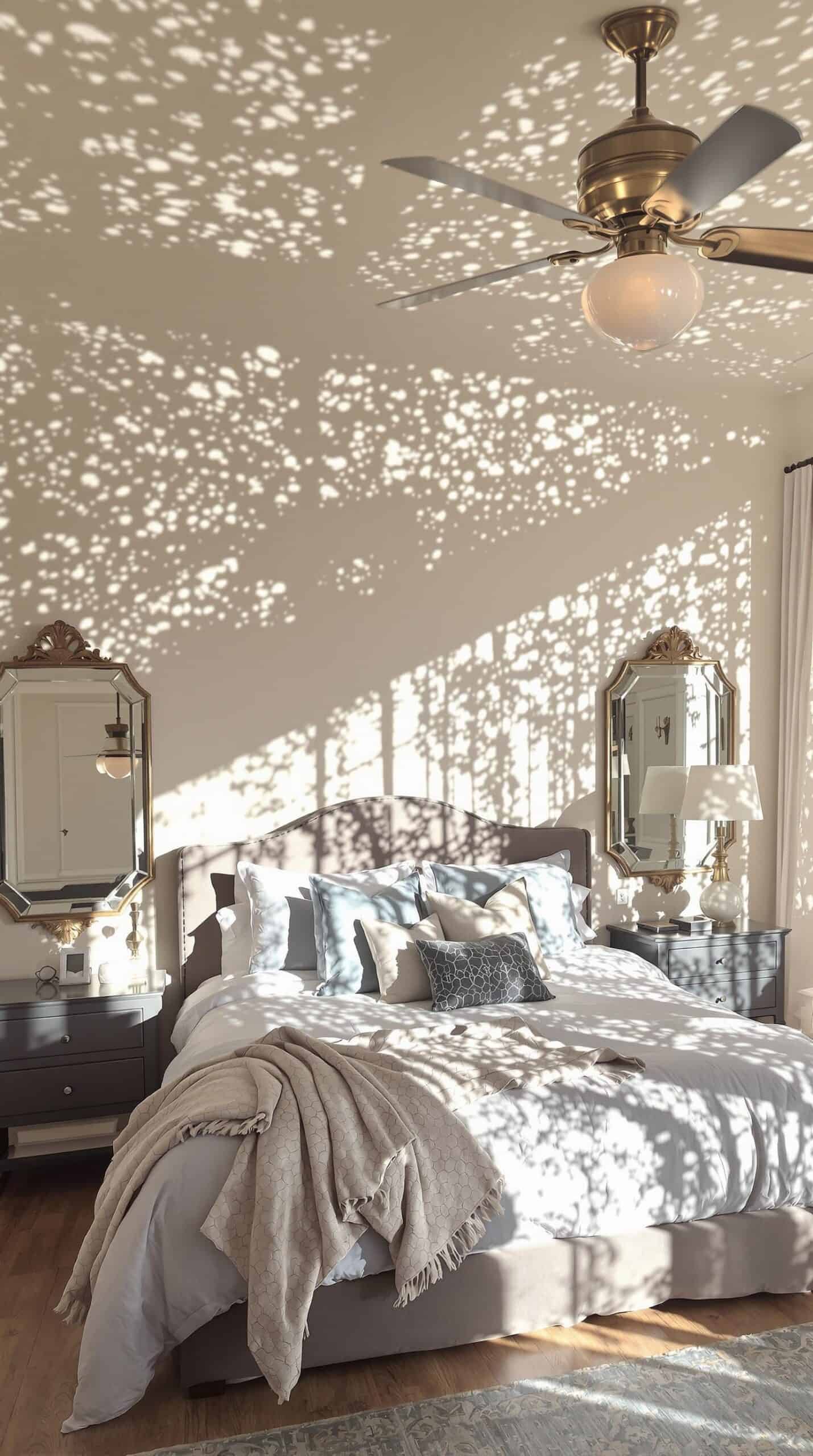 a bedroom with a large bed and a ceiling fan
