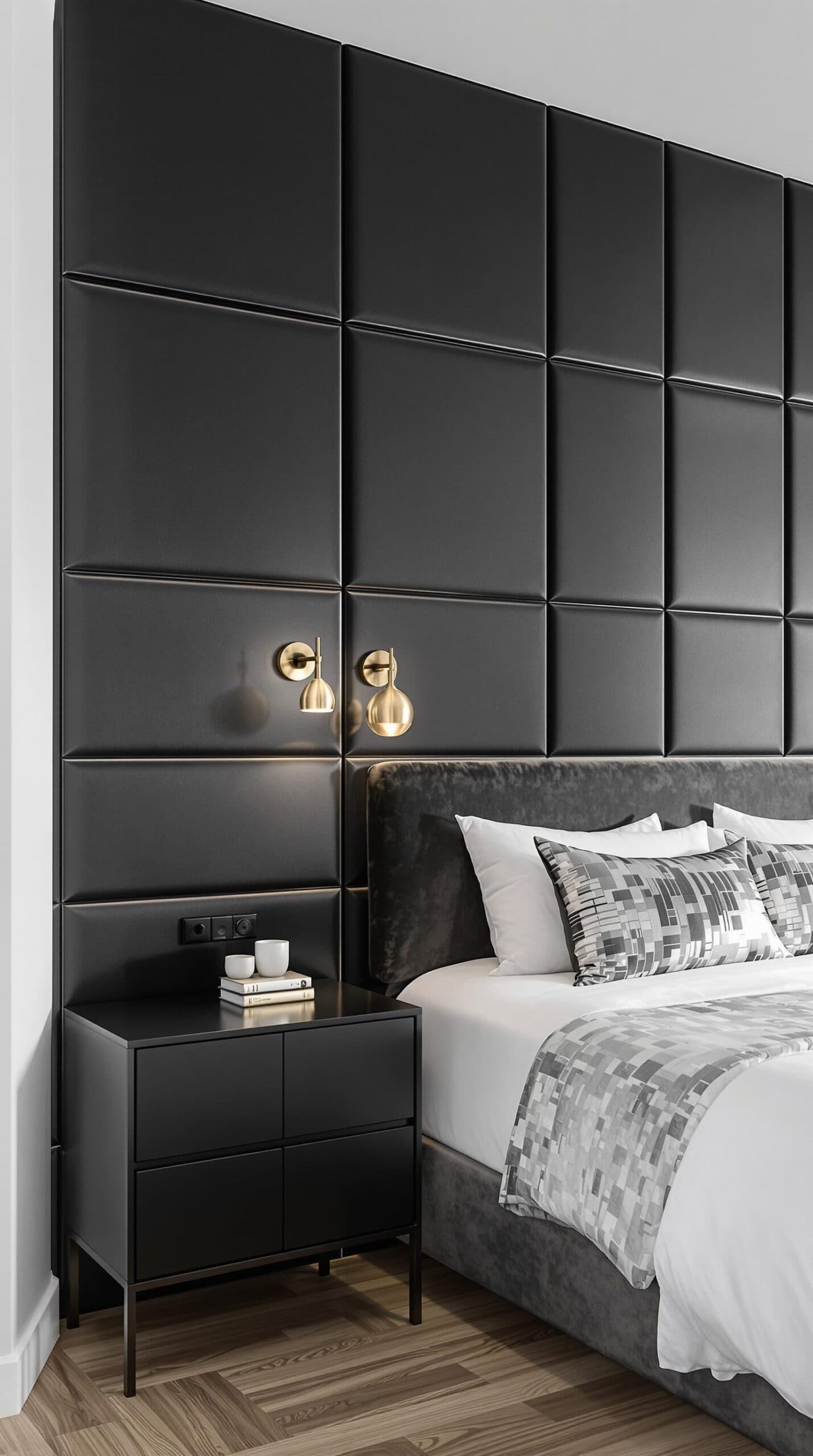 a bed with a black headboard and a night stand