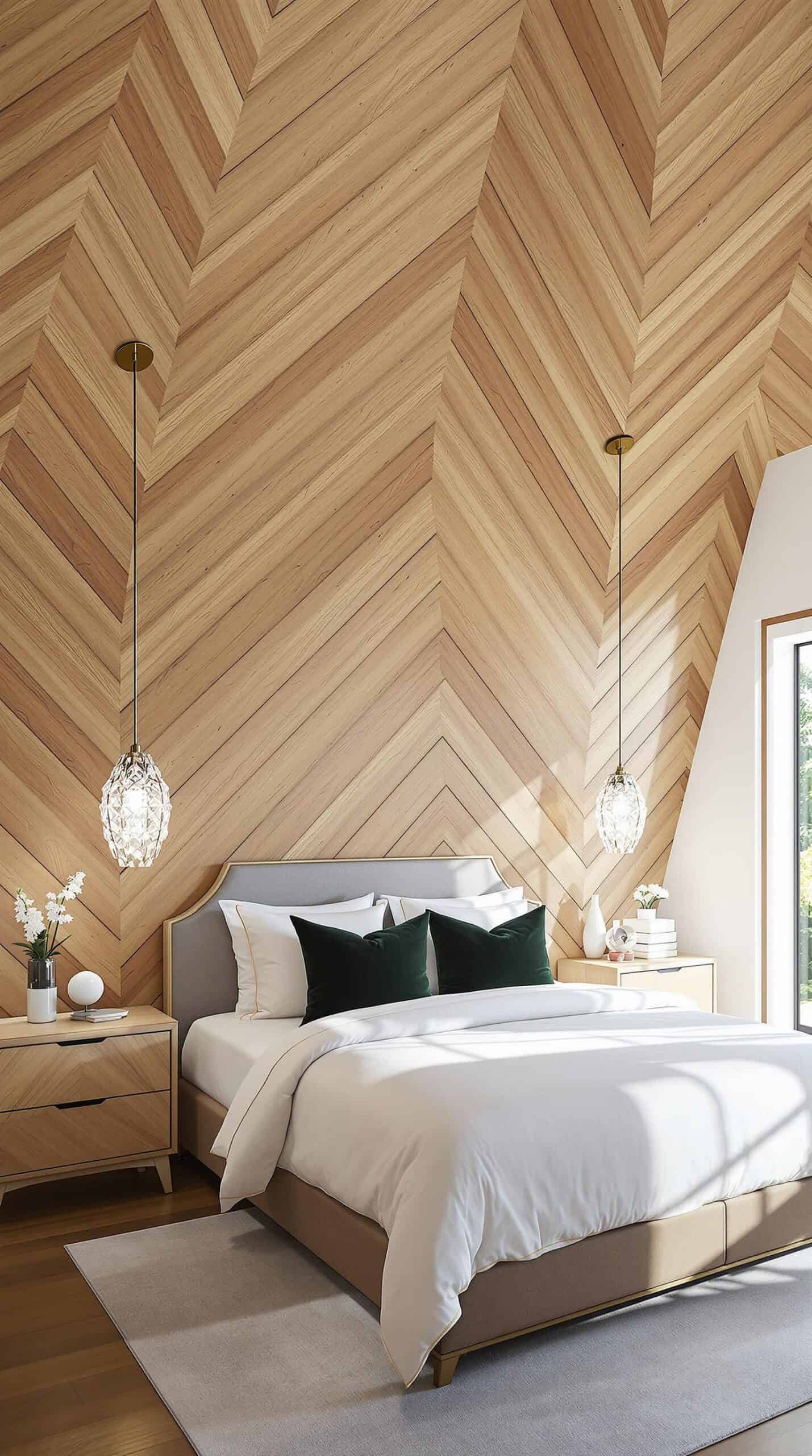 a bedroom with a large bed and a wooden wall