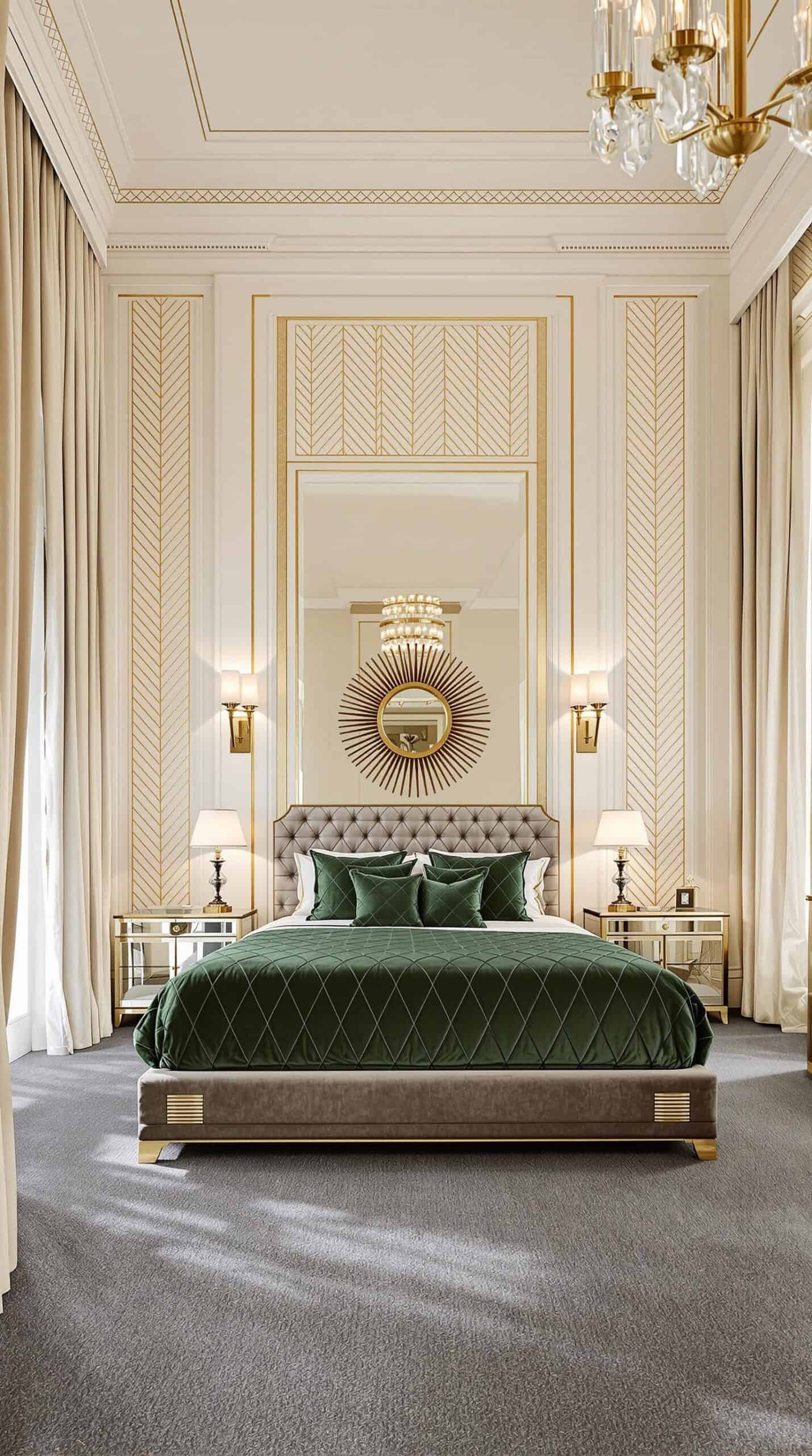 a bedroom with a large bed and a chandelier