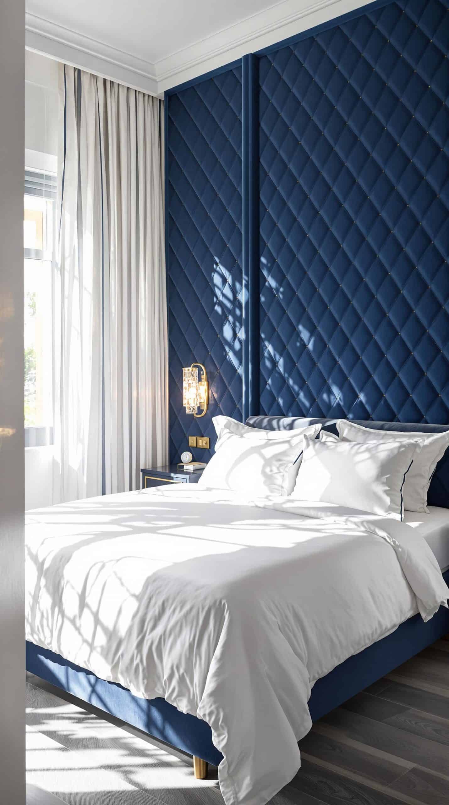 a bedroom with a blue headboard and a white bed