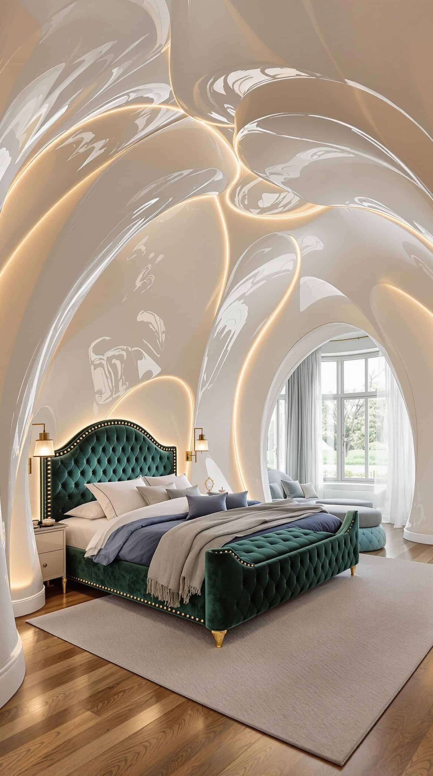a bedroom with a large bed in the middle of the room