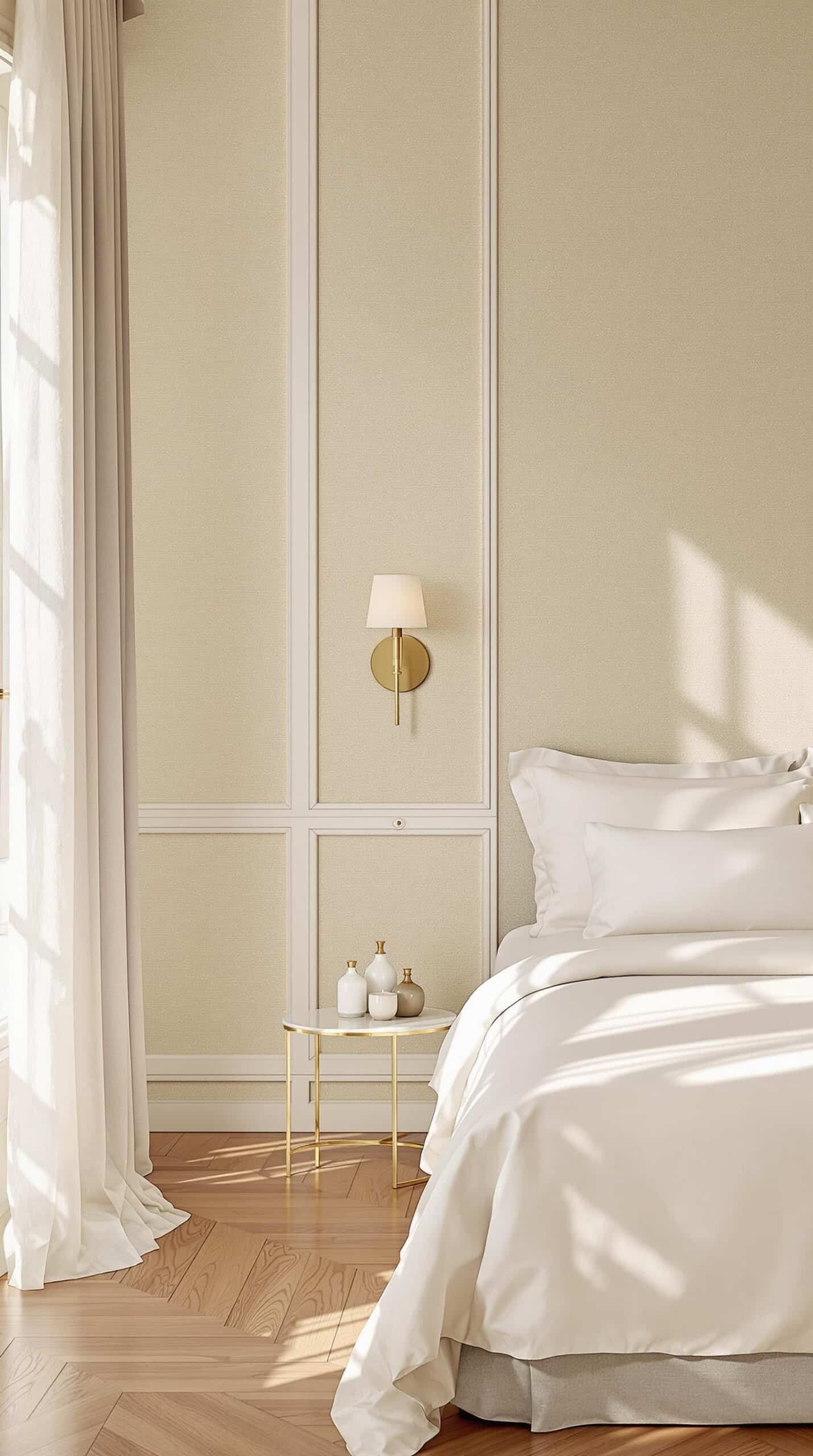 a bedroom with a bed, nightstand, and window