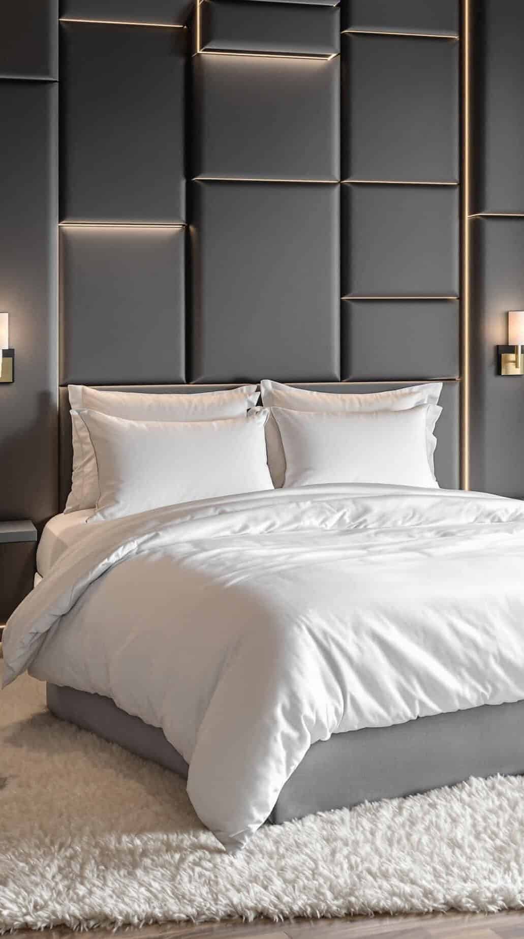 a large bed sitting in a bedroom next to a window