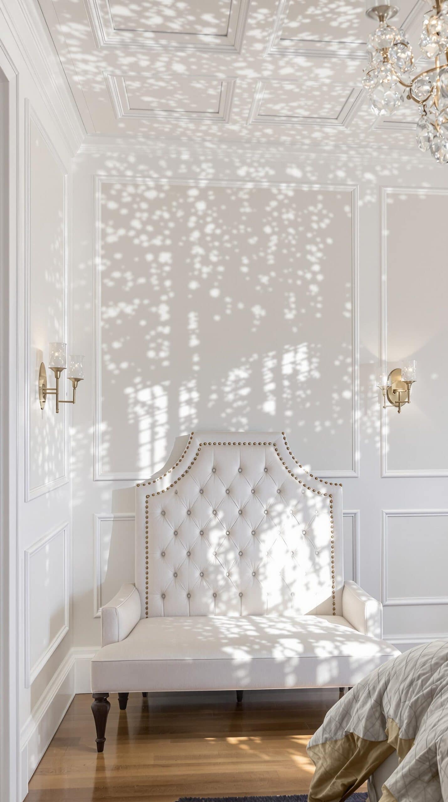 a bedroom with a white couch and a chandelier