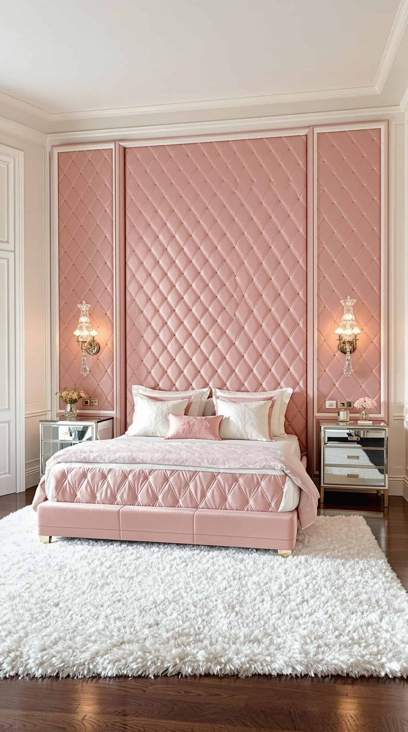 a bedroom with a pink bed and a white rug