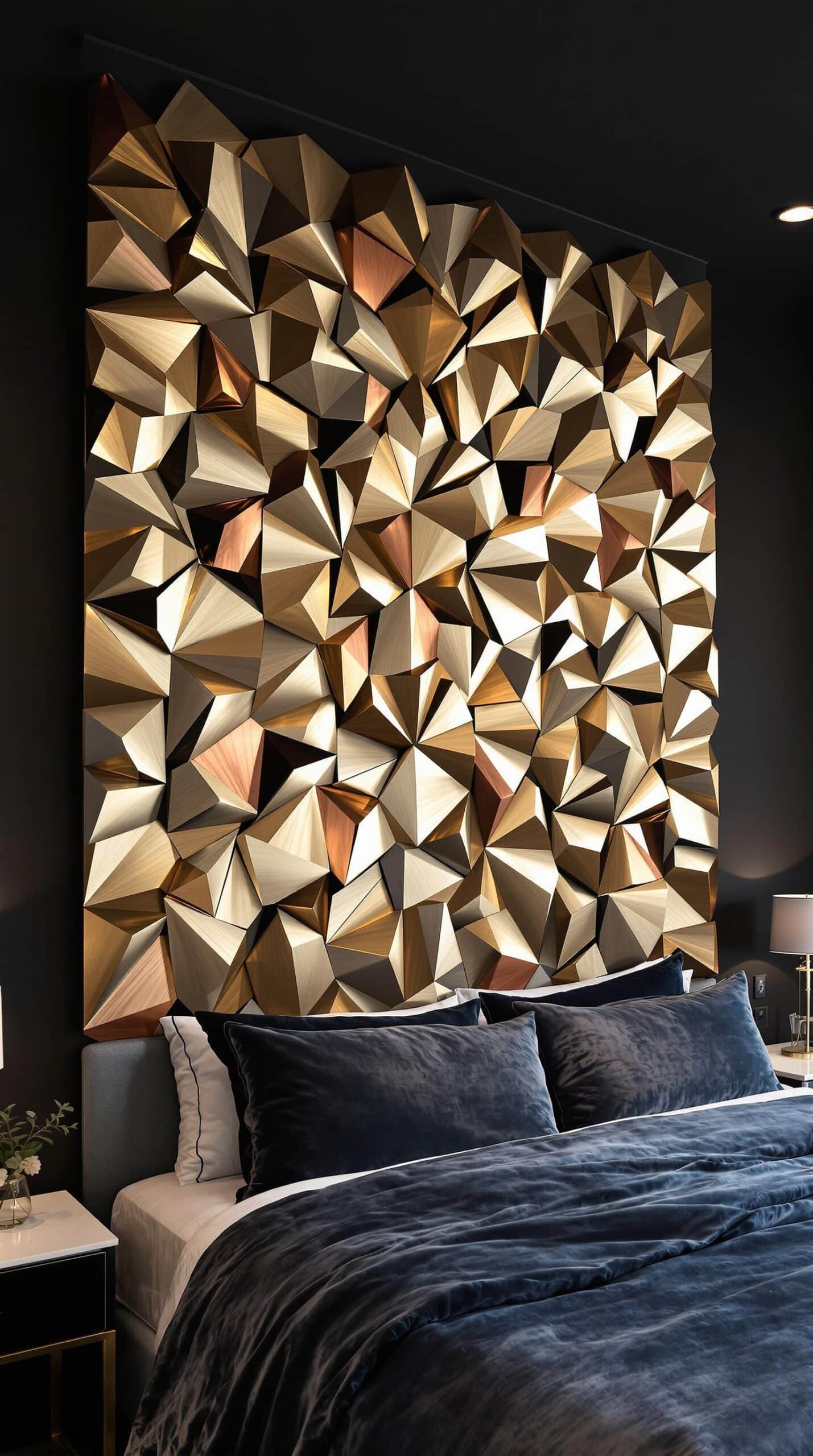 a bedroom with a large headboard made out of geometric shapes