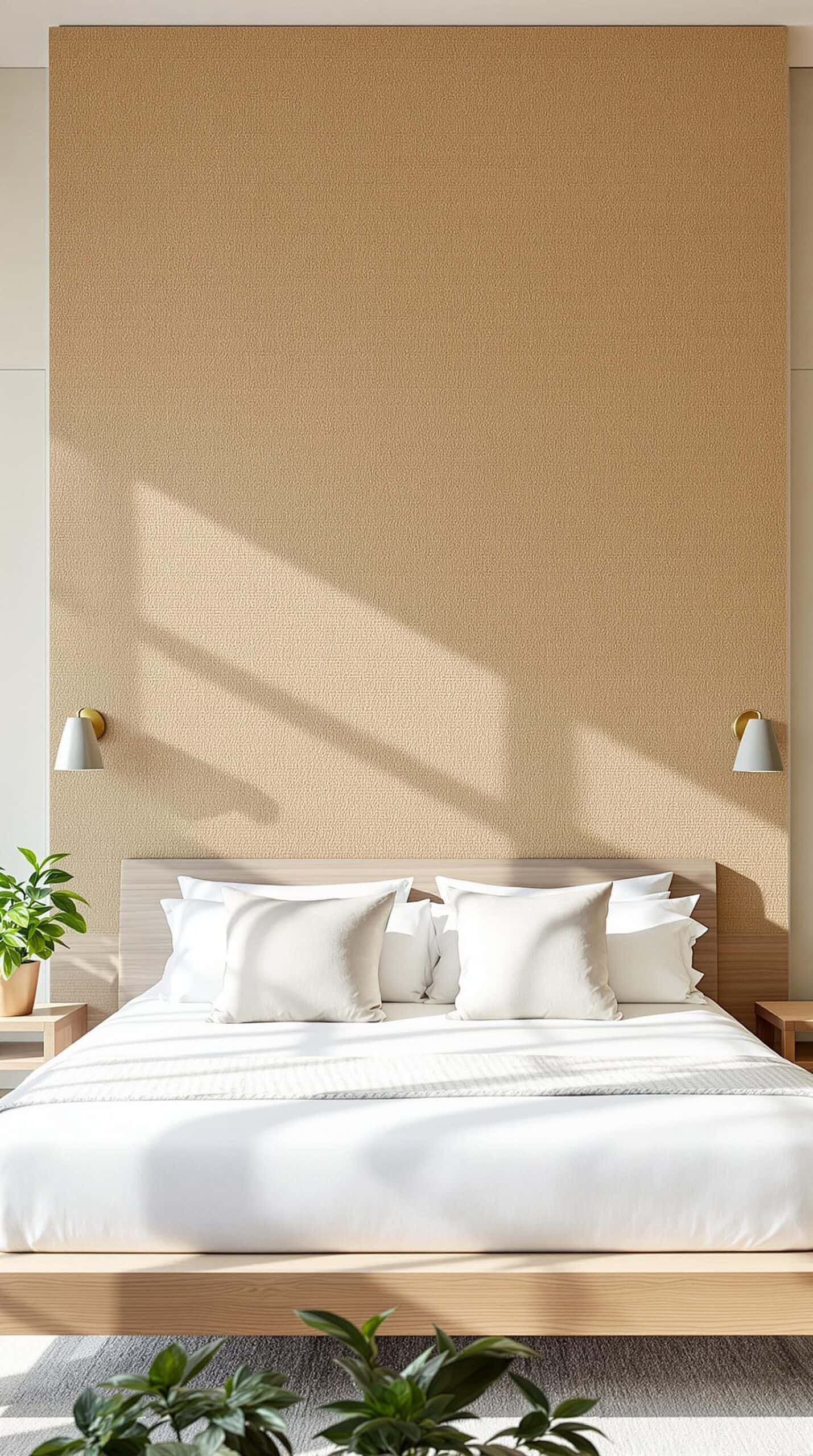 a bedroom with a bed and a plant in the corner
