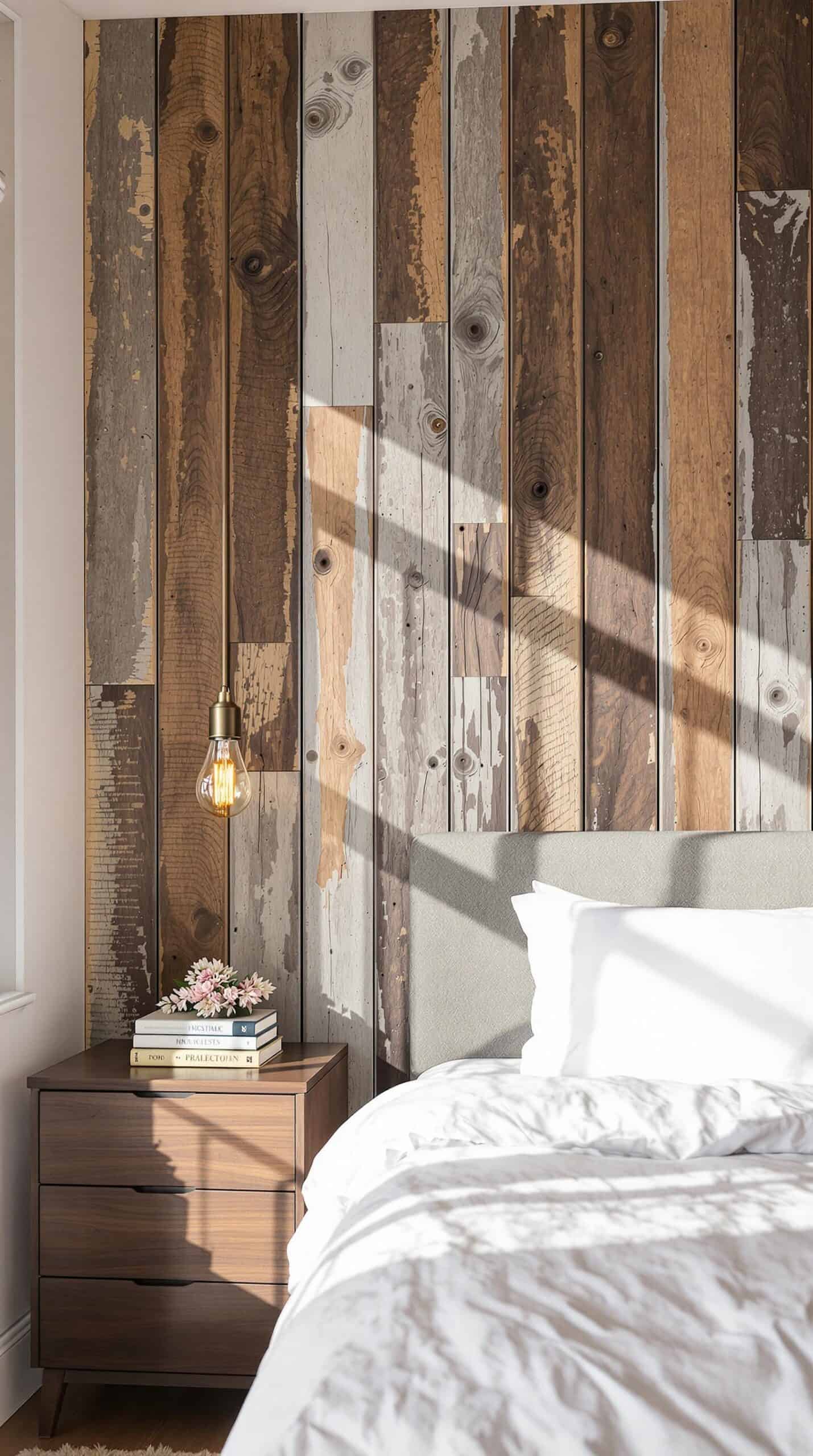 a bed with a white comforter and a wooden wall behind it
