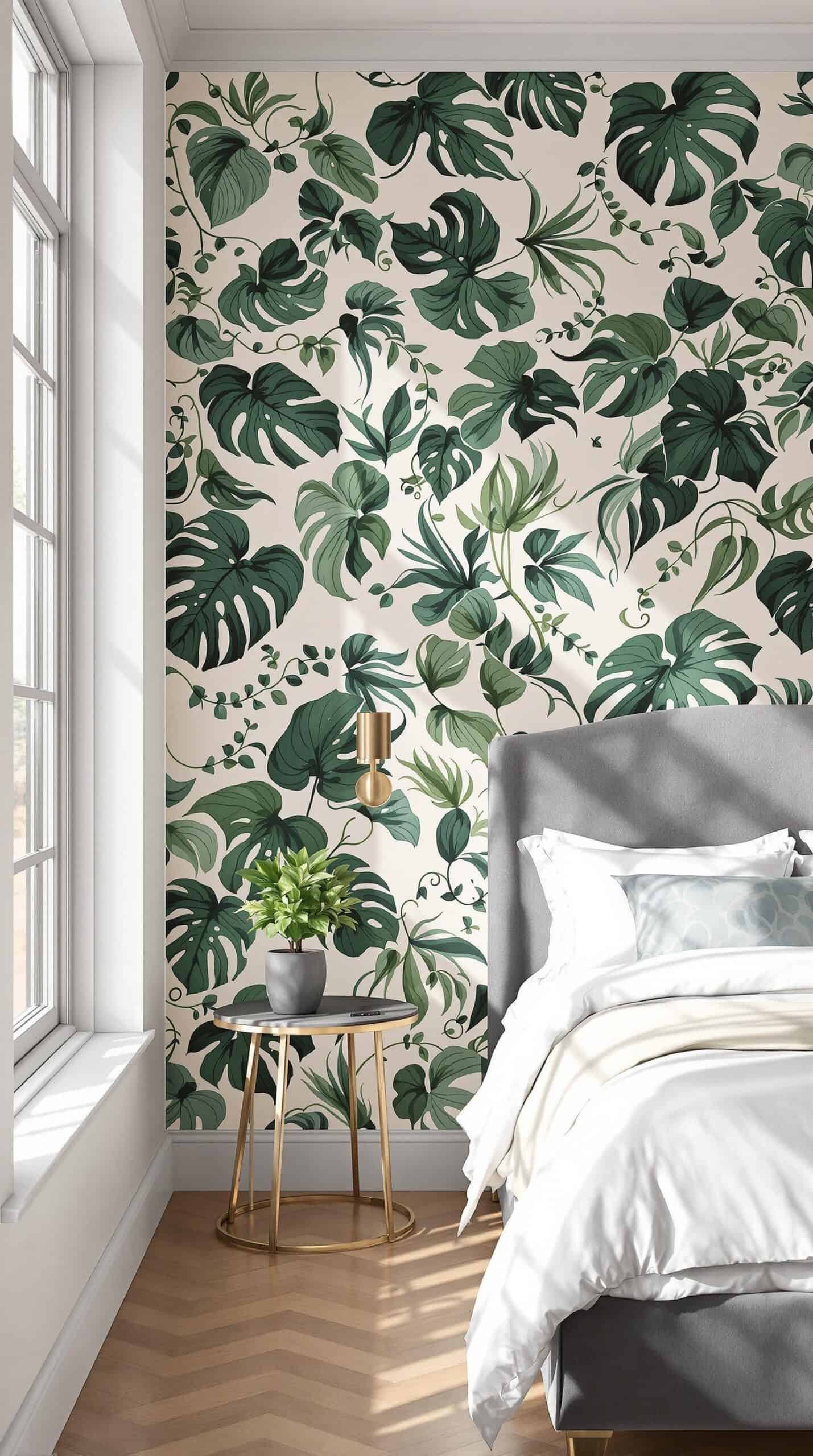 a bedroom with a bed and a plant wallpaper