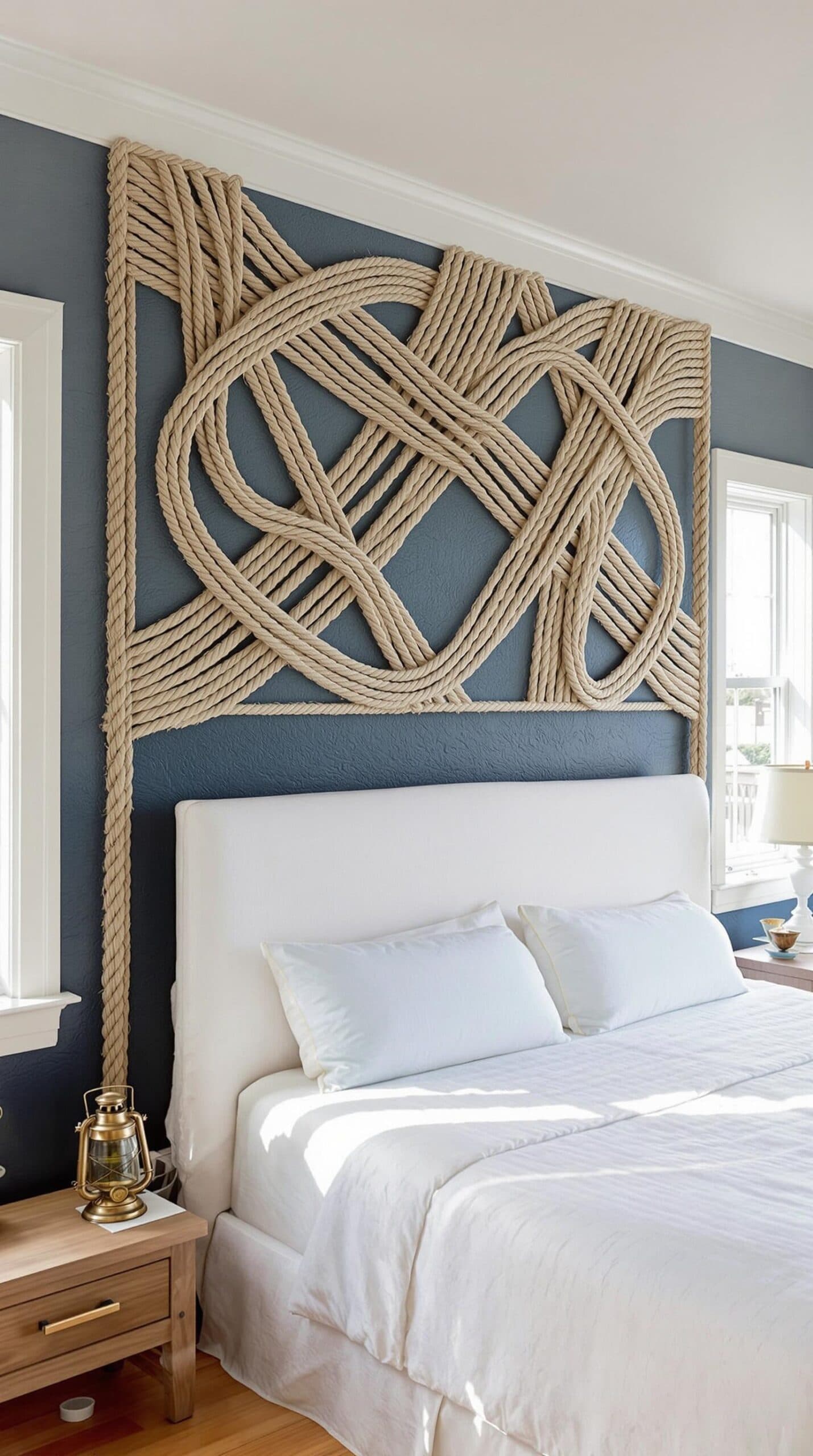 a bed with white linens and a rope headboard