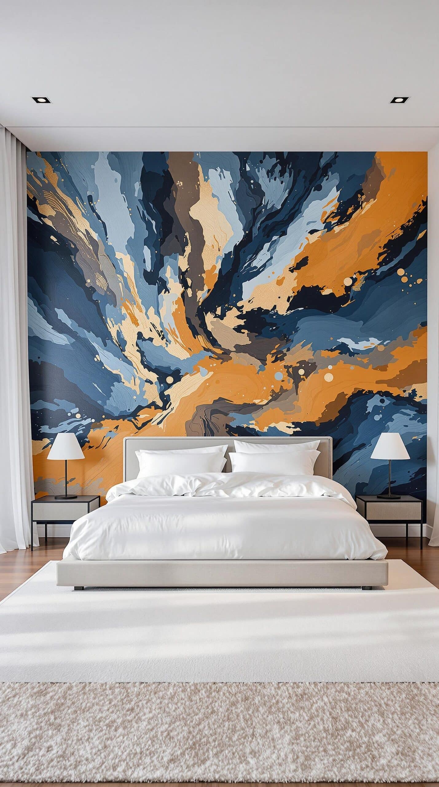 a bedroom with a large painting on the wall