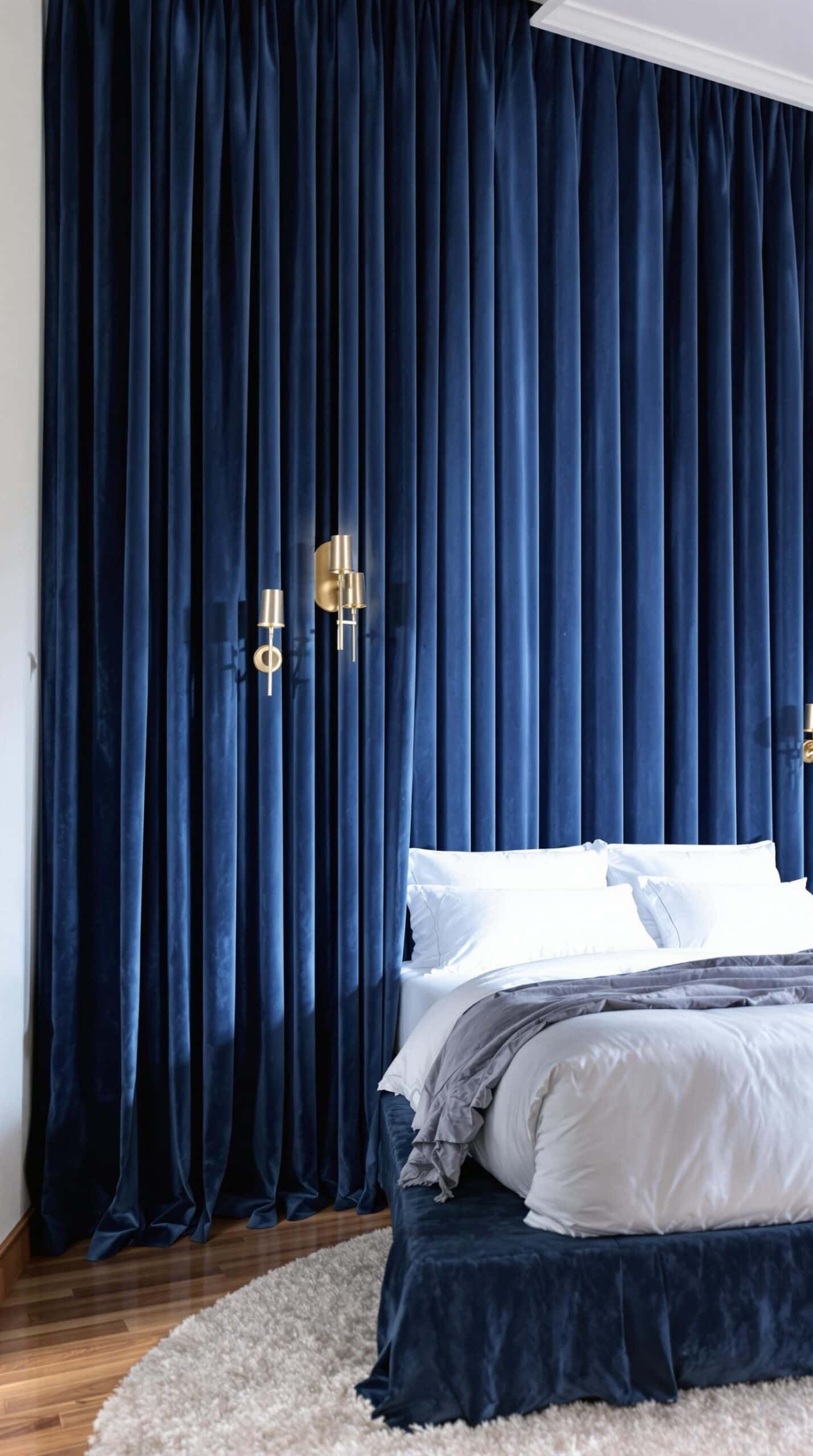 a bedroom with a large bed and blue curtains