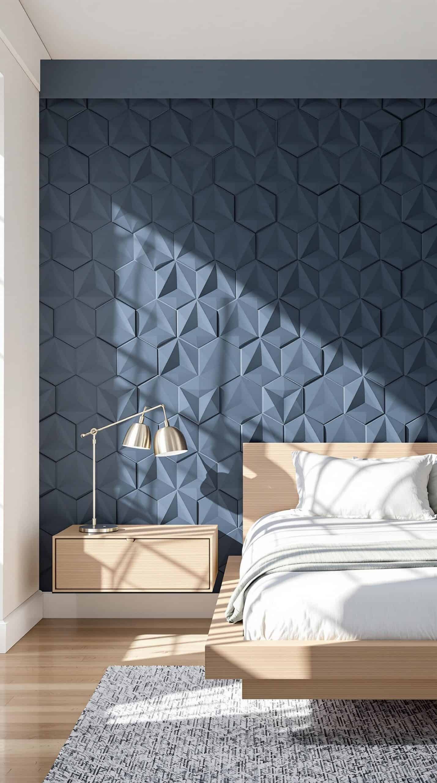 a bedroom with a bed, nightstands and a blue wall