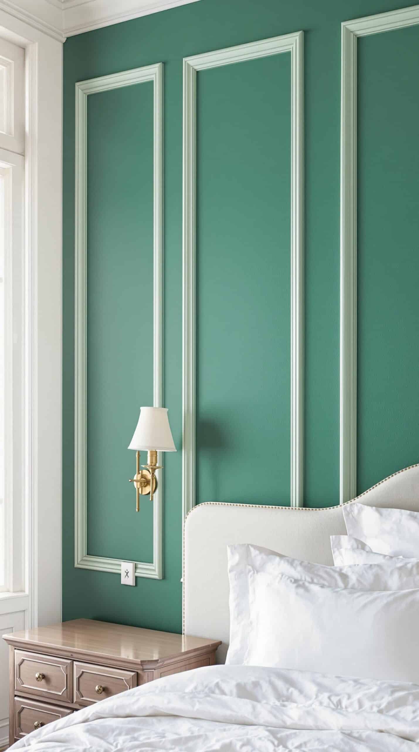 a bedroom with green walls and a white bed