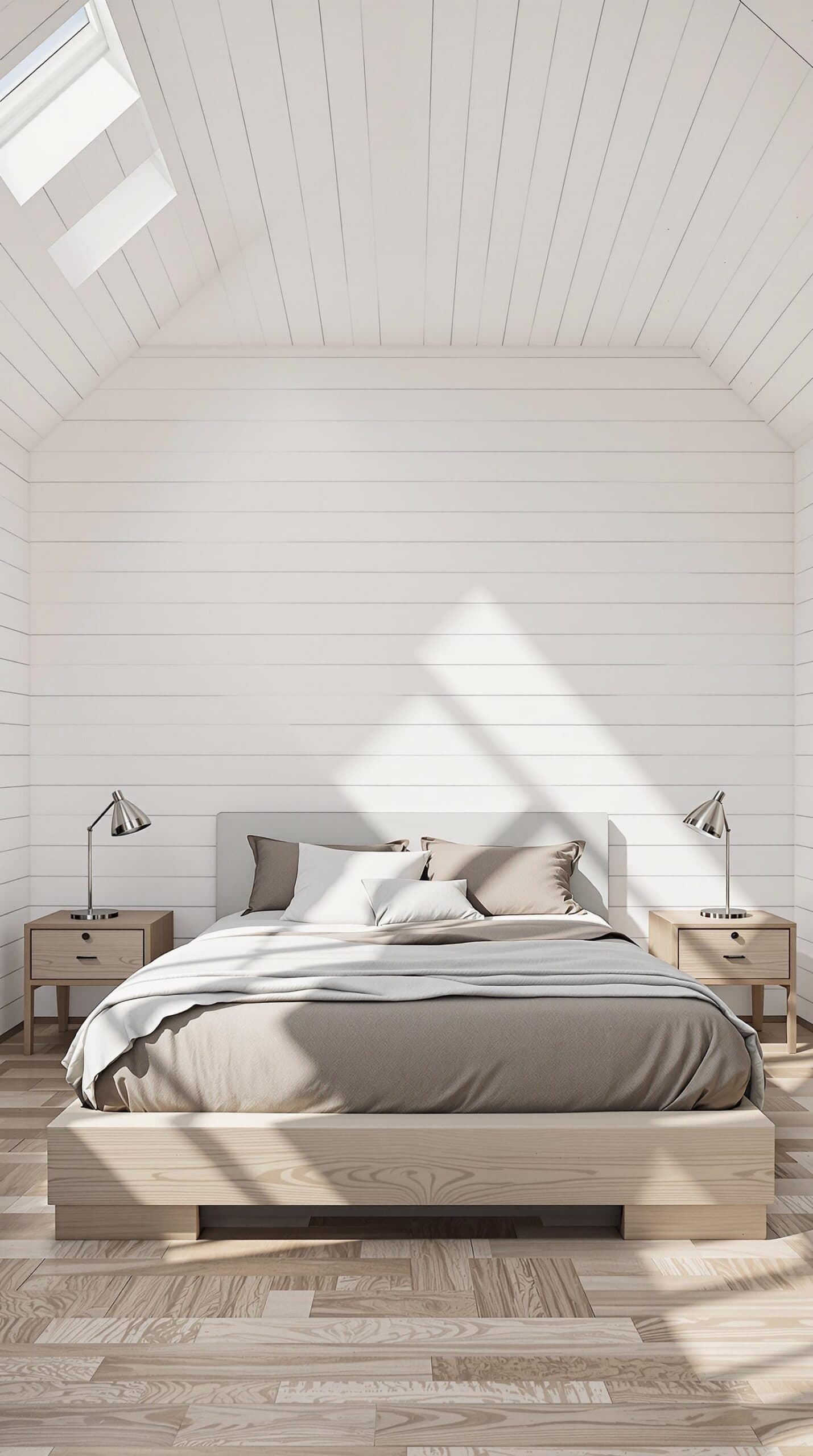 a bedroom with white walls and wooden floors