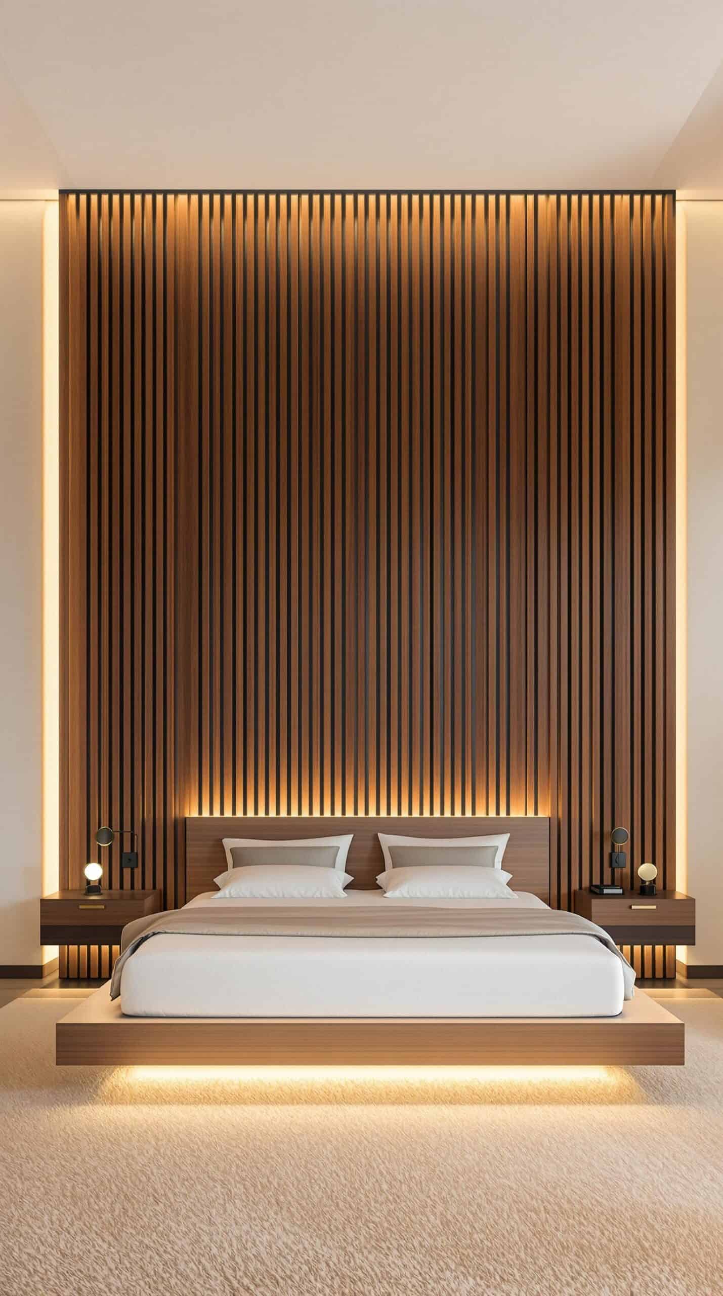 a bedroom with a large bed and a wooden wall